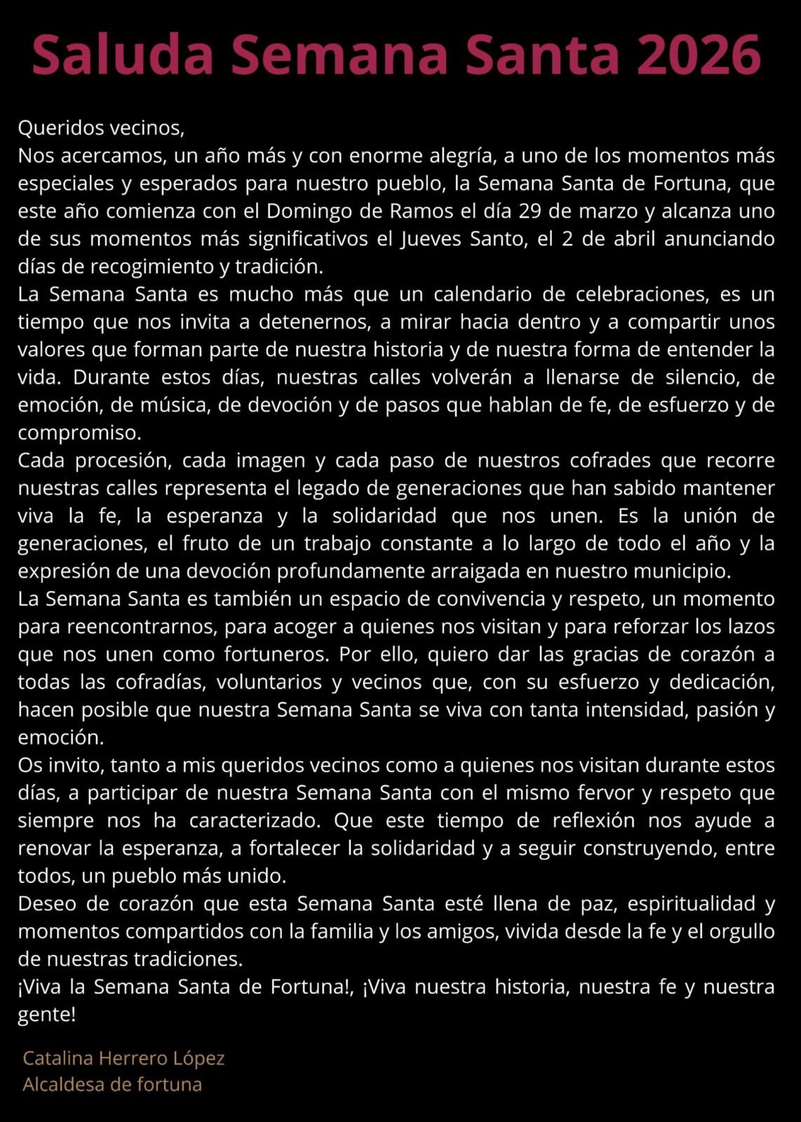 Carta de saludo de la Alcaldesa Catalina Herrero López para la Semana Santa de Fortuna 2026, con texto sobre fondo negro.
